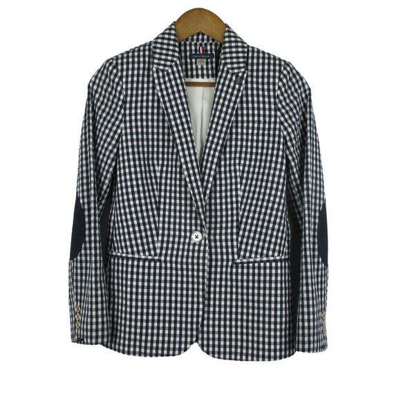 Tommy Hilfiger Gingham Blazer White Blue Elbow Patch Button Preppy Size 2 - Picture 1 of 8